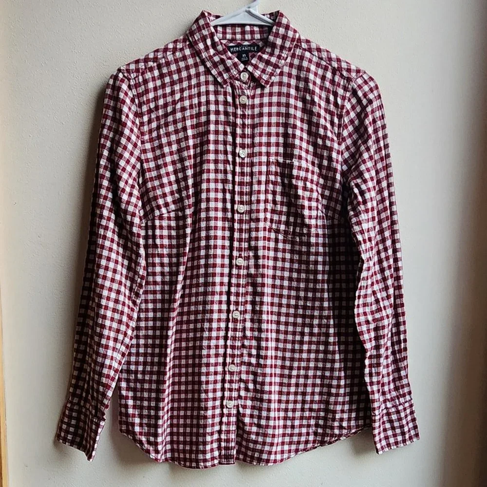 J. Crew Mercantile Red/White Gingham Flannel Button Down Shirt Size XS